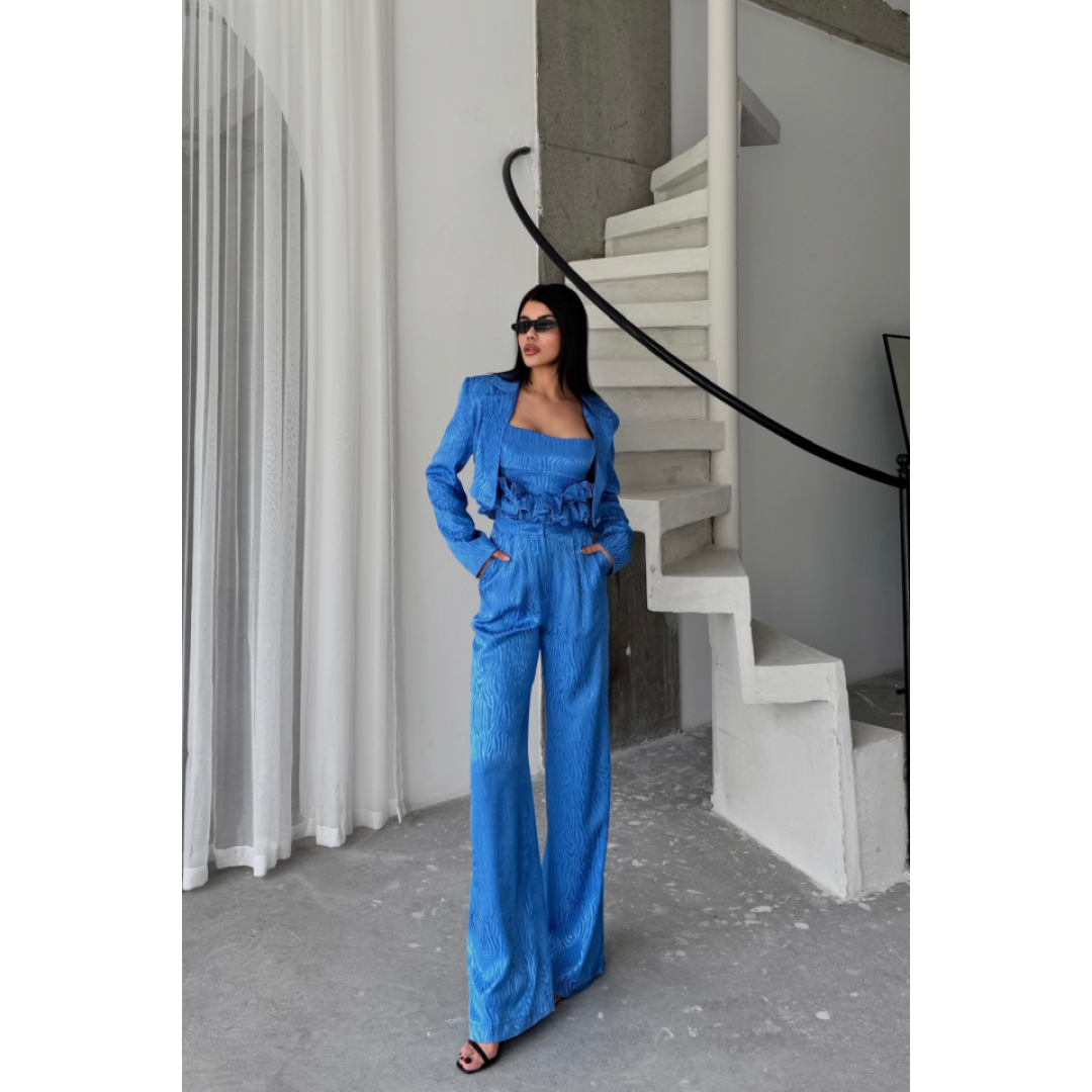 JAKARLI BLUZU TASARIM DETAYLI CEKET-PANTOLON-BLUZ 3 LÜ TAKIM - Mavi