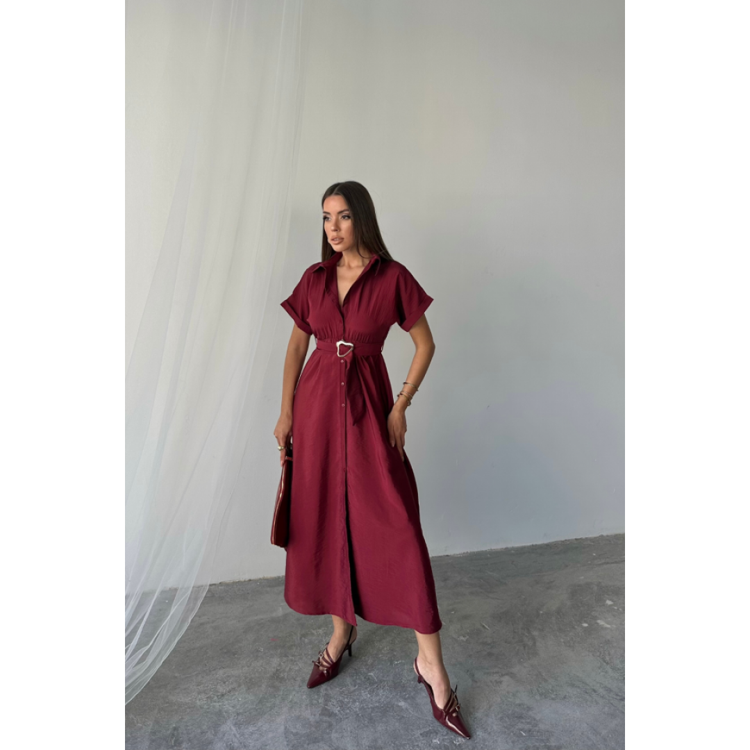 ÖNDEN DÜĞMELİ CRUSHLI MODAL ELBİSE - Bordo - 159993