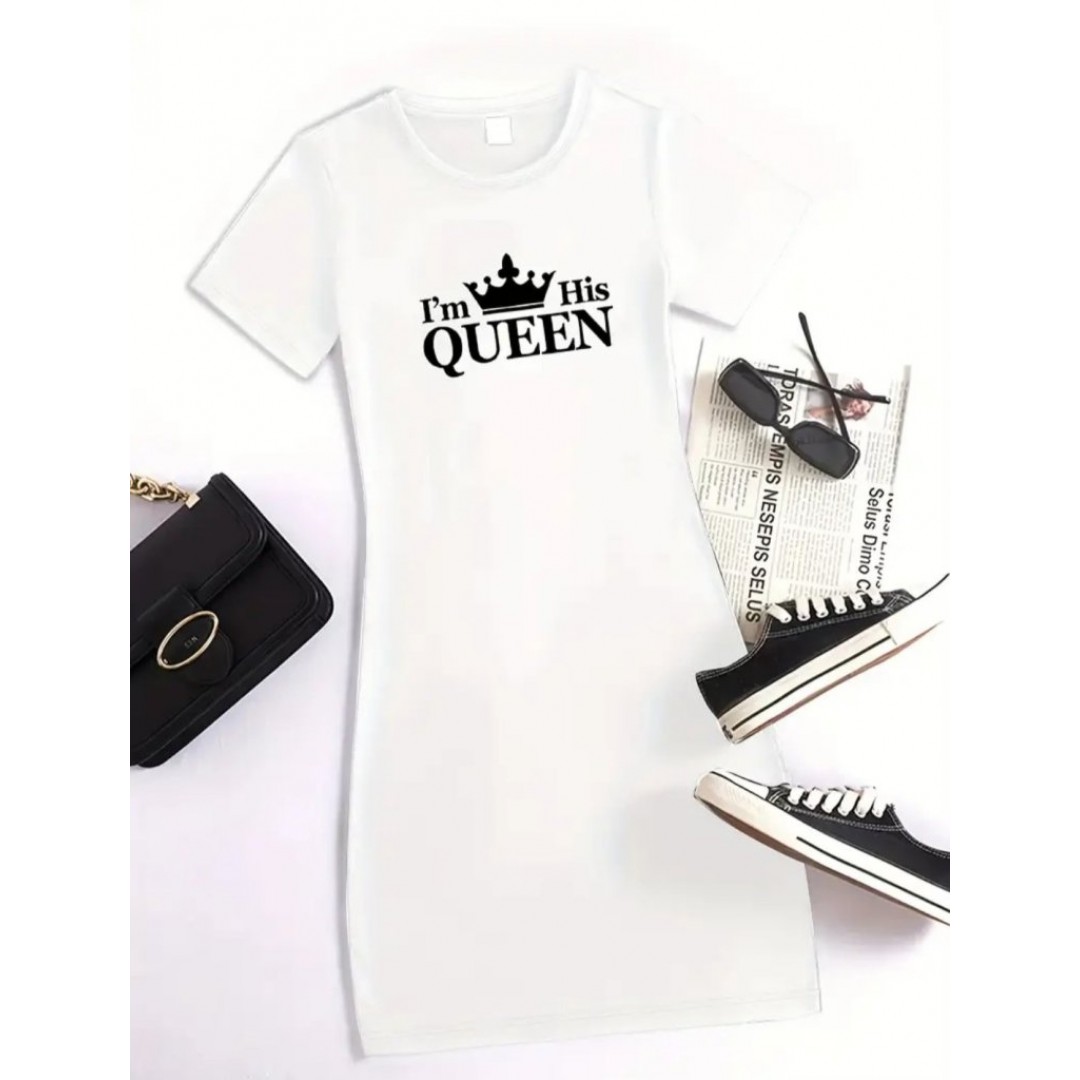 Kadın Kısa Kollu Queen Baskı Iki Iplik Mini Elbise - 162057