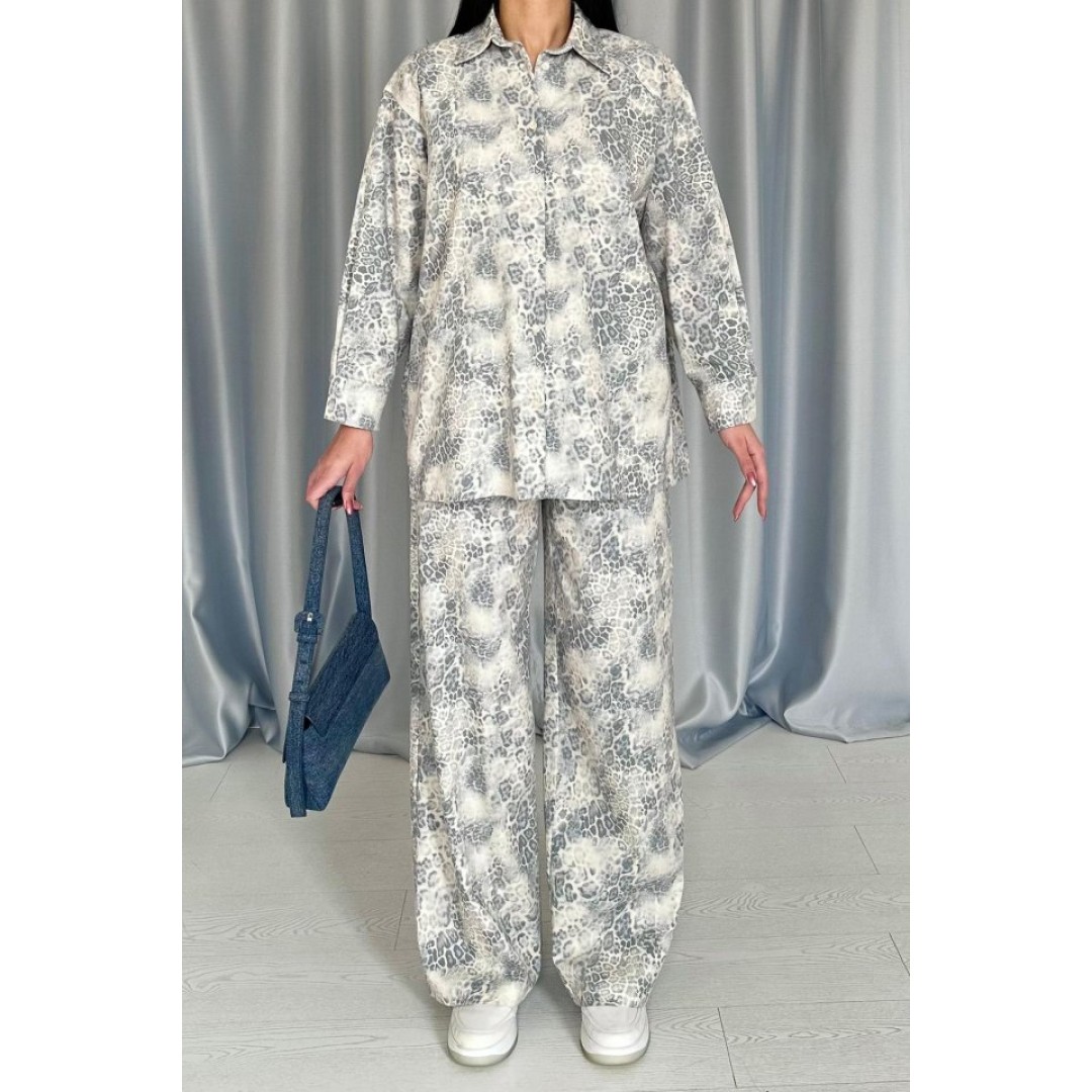 Gri Leopar Desenli Ceket Ve Pantolon Keten Takım 149011 Gri Leopar Desenli Ceket Ve Pantolon Keten Takım 149011