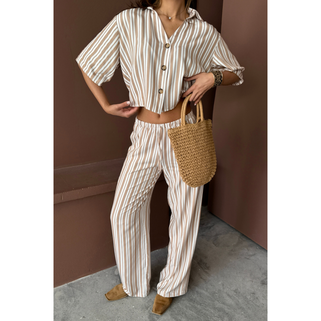 ÇİZGİLİ CROP GÖMLEK - SALAŞ PANTOLON TAKIM MODAL - Bej 159503