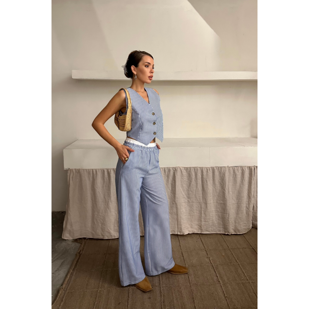 GOFRE ÇİZGİLİ YELEK - PANTOLON TAKIM - Mavi 160808