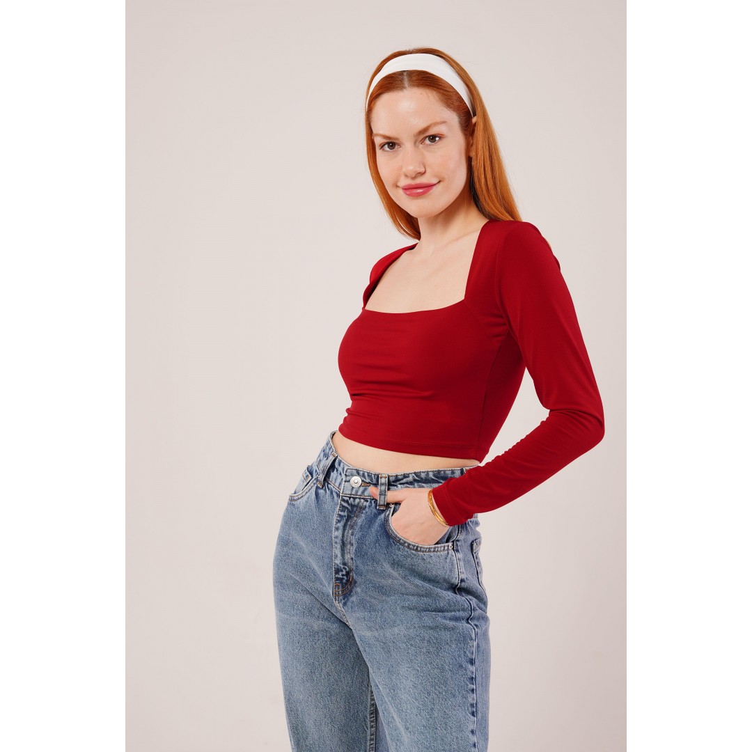 Kare Yaka Basic Bordo Bluz - 147544 Kare Yaka Basic Bordo Bluz - 147544