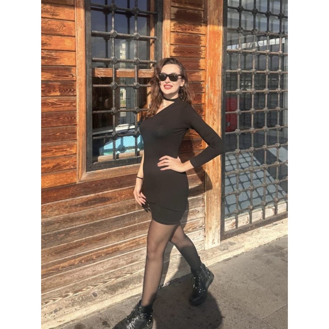 Kadın Uzun Kollu Tek Omuz Ve Kol Açık Detay Viskon Mini Boy Elbise - 134363 Kadın Uzun Kollu Tek Omuz Ve Kol Açık Detay Viskon Mini Boy Elbise - 134363