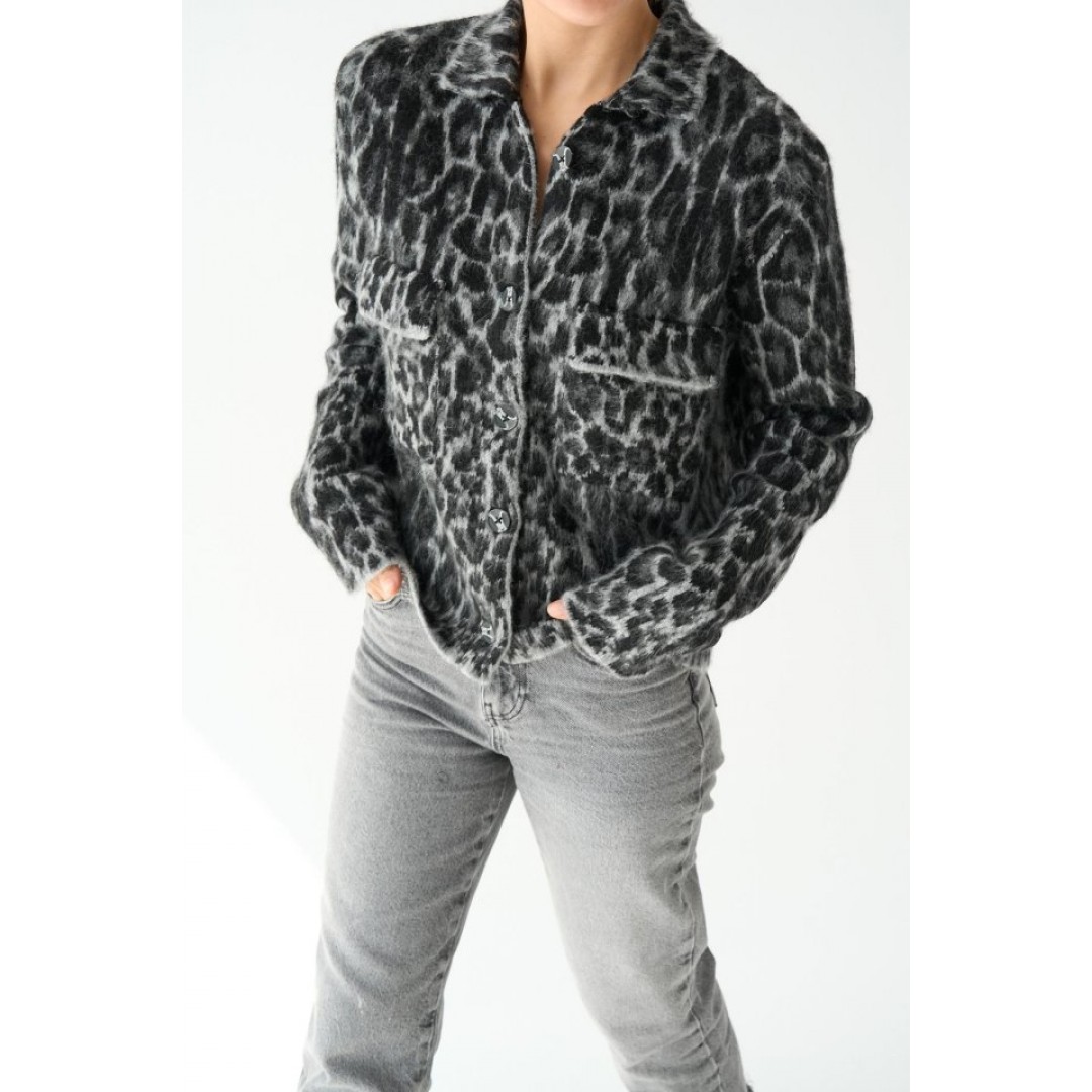 Leopar Desen Jakarlı Hırka - Siyah-Açık Gri - 149763