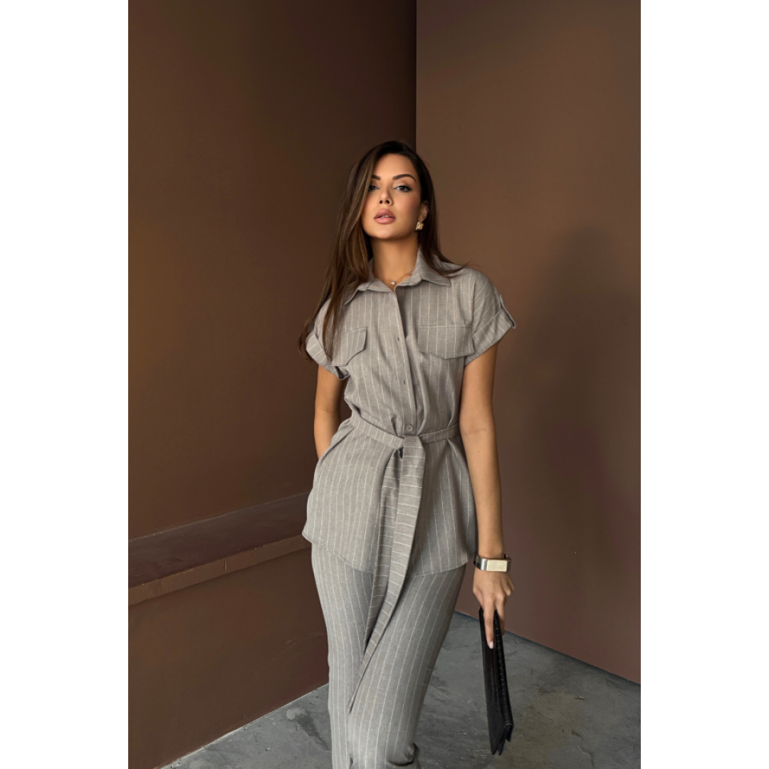 ÇİZGİLİ POLYVİSKON BLUZ - PANTOLON TAKIM - Gri 159630 ÇİZGİLİ POLYVİSKON BLUZ - PANTOLON TAKIM - Gri 159630