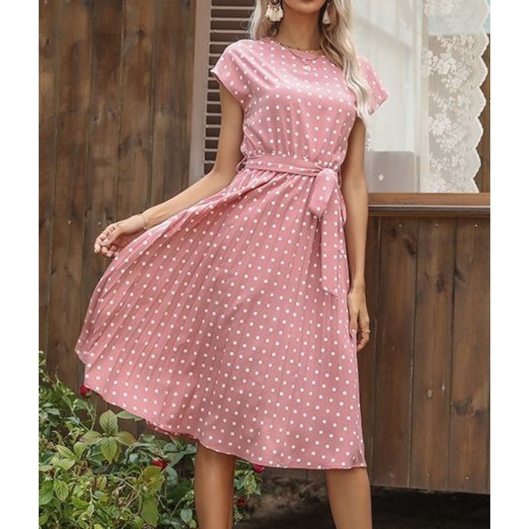 Kadın Kolsuz Beli Kuşaklı Puantiyeli Sandy Elbise - 159368