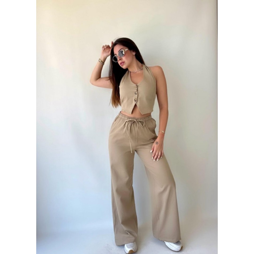 Kadın Gabardin Kumaş Boyundan Bağlamalı Yelek Bluz Salaş Pantolon İkili Takım 150044 Kadın Gabardin Kumaş Boyundan Bağlamalı Yelek Bluz Salaş Pantolon İkili Takım 150044