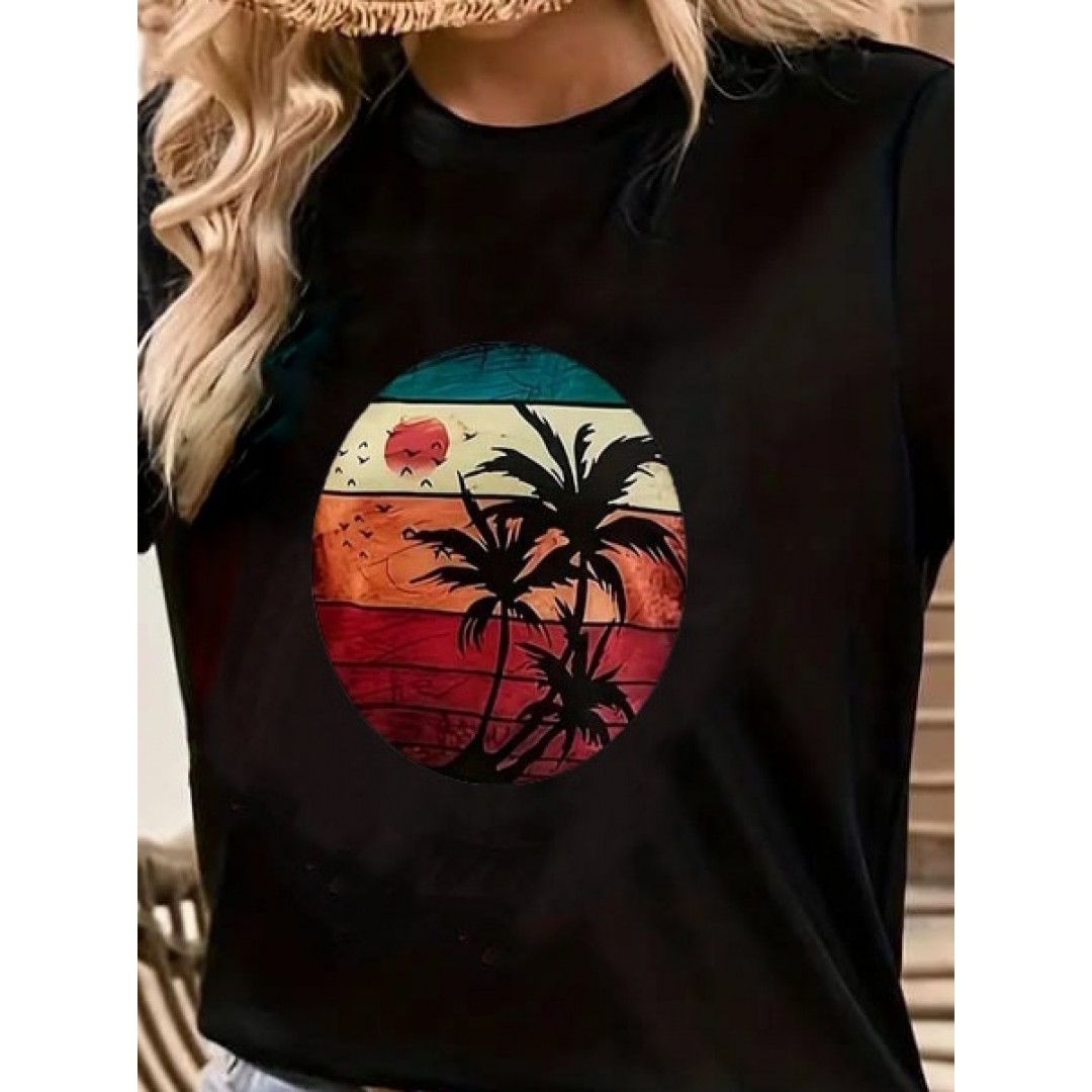 Kadın Kısa Kollu Palmiye Baskılı Viskon T-shirt 161925