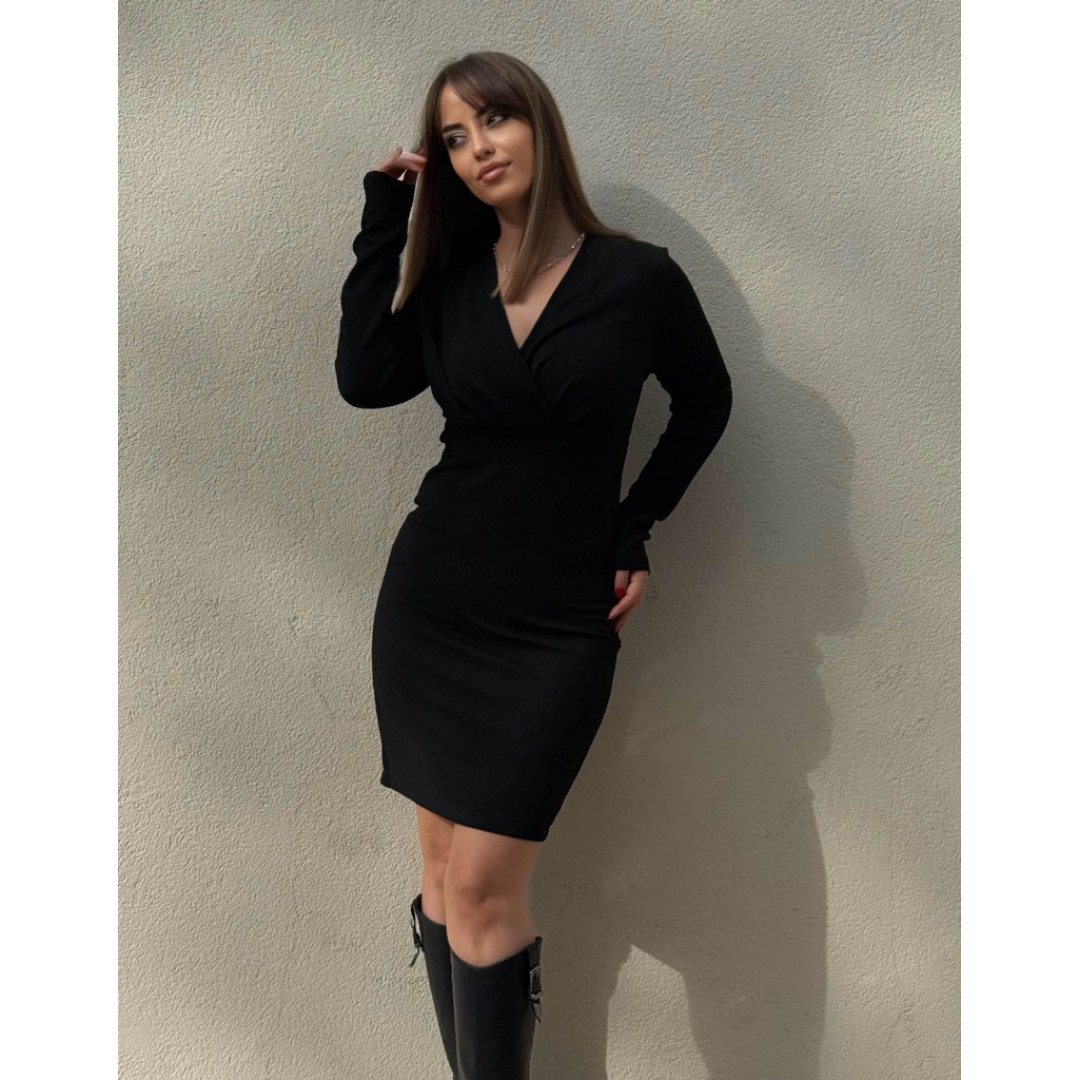 Kadın Uzun Kollu Kruvaze Yaka Krep Mini Boy Elbise - 135180 Kadın Uzun Kollu Kruvaze Yaka Krep Mini Boy Elbise - 135180
