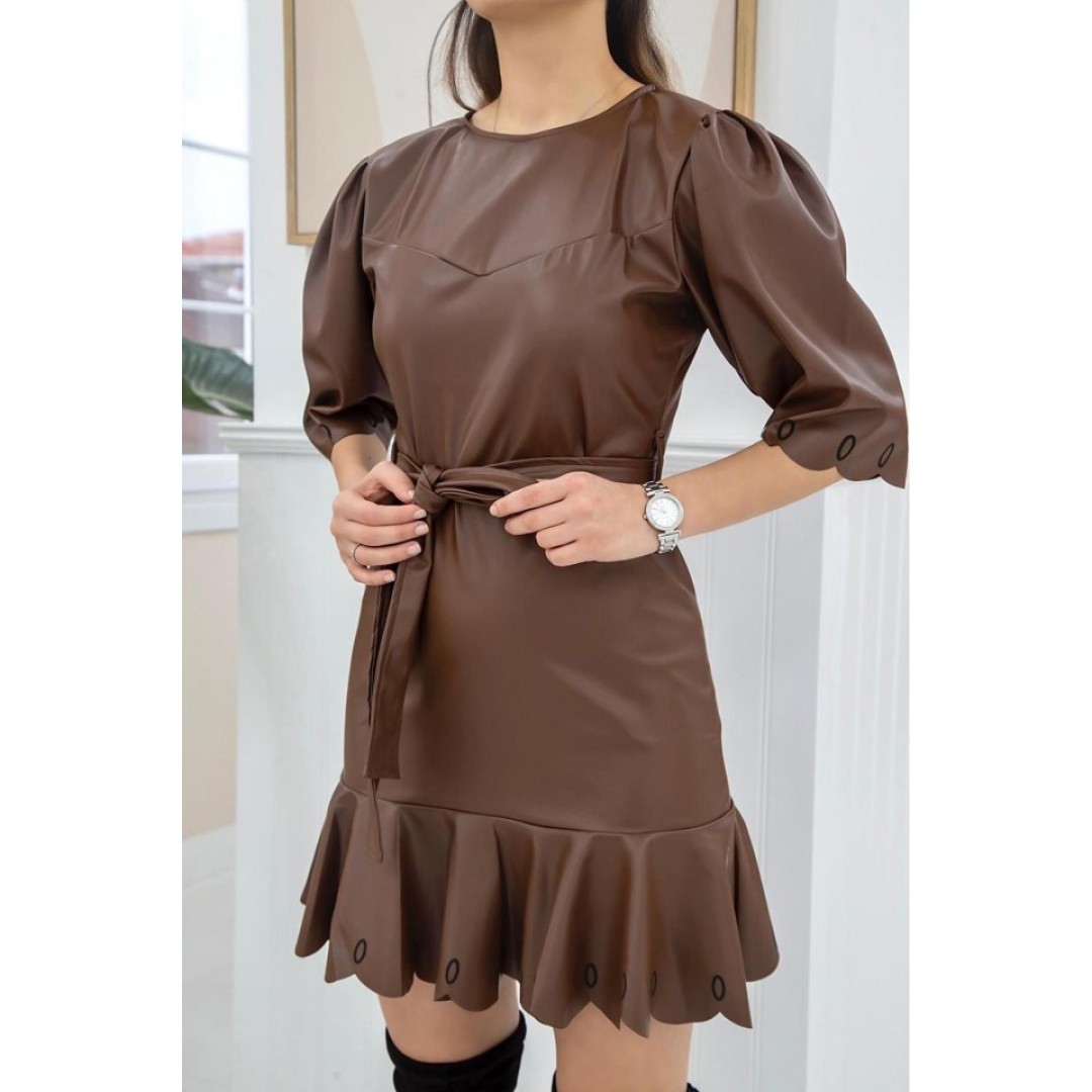 Kahverengi Deri Mini Elbise - 151218 Kahverengi Deri Mini Elbise - 151218