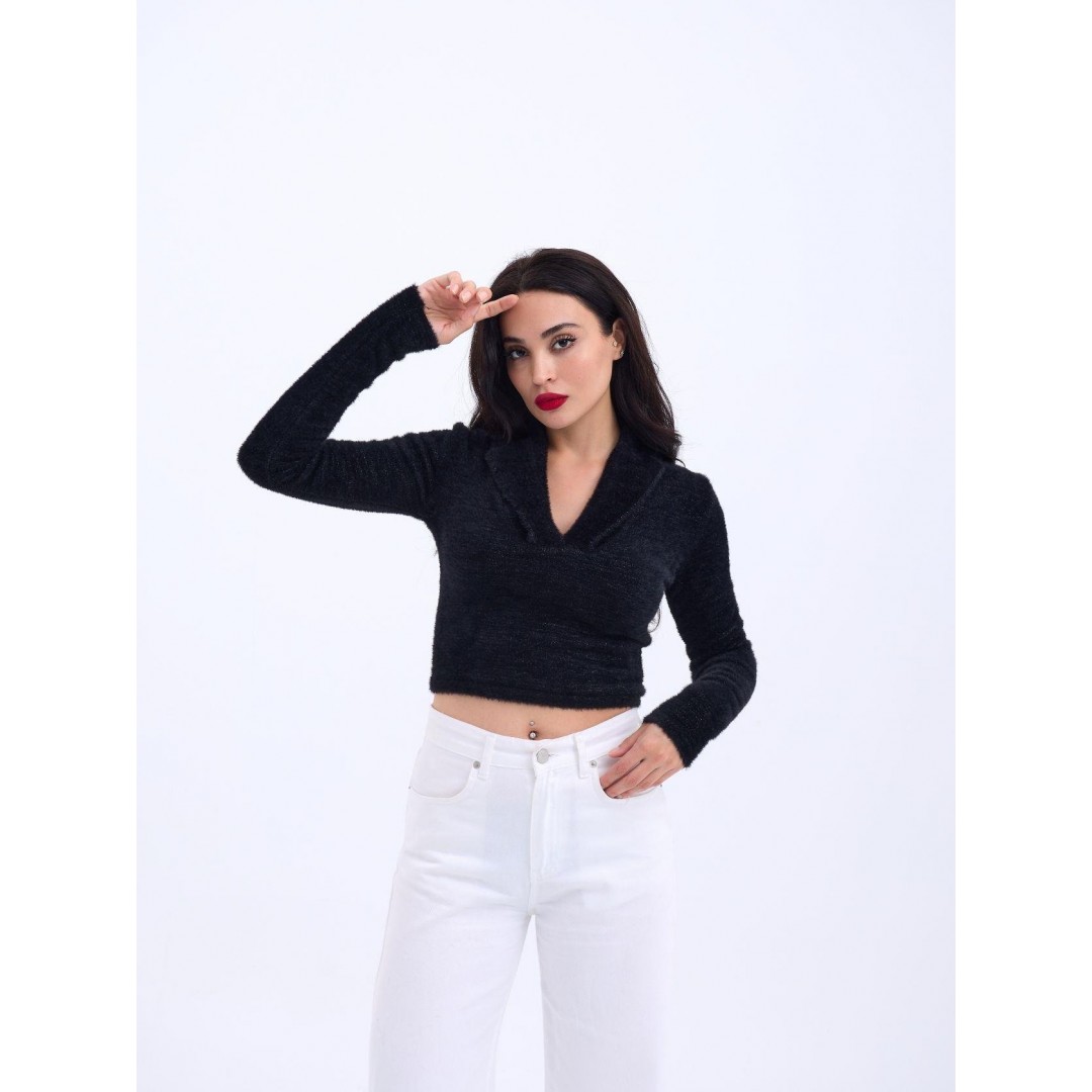 42531 TRİKO SİMLİ YAKALI CROP-SİYAH 144096