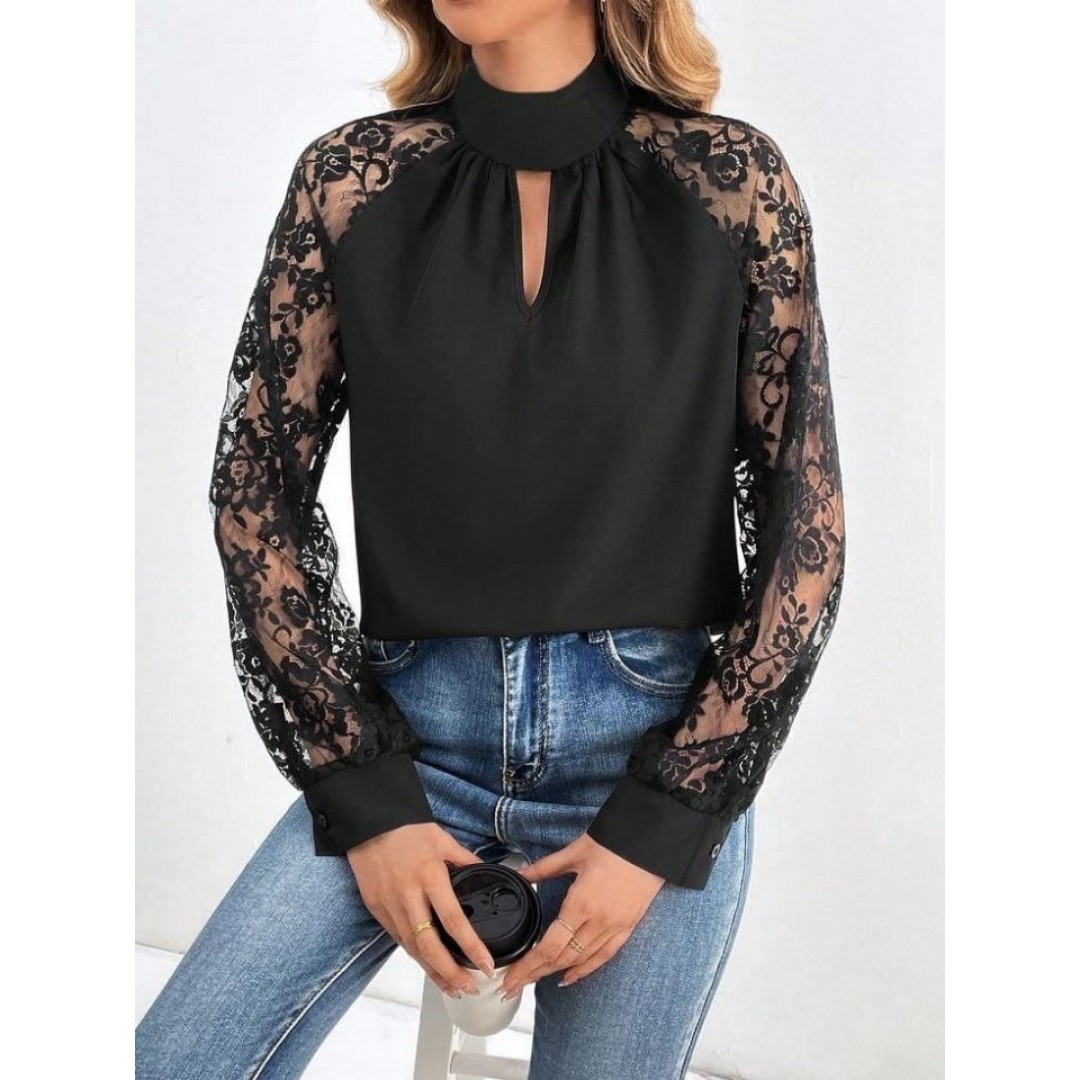 Kadın Uzun Kollu Göğüs Pencere Detay Yaka Boğazlı Kolları Tüllü Sandy Bluz - 84935 Kadın Uzun Kollu Göğüs Pencere Detay Yaka Boğazlı Kolları Tüllü Sandy Bluz - 84935