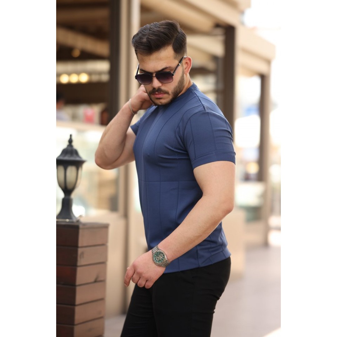 Erkek Ince çizgi Dokulu Bisiklet Yaka Kısa Kollu T-shirt - 162323 Erkek Ince çizgi Dokulu Bisiklet Yaka Kısa Kollu T-shirt - 162323