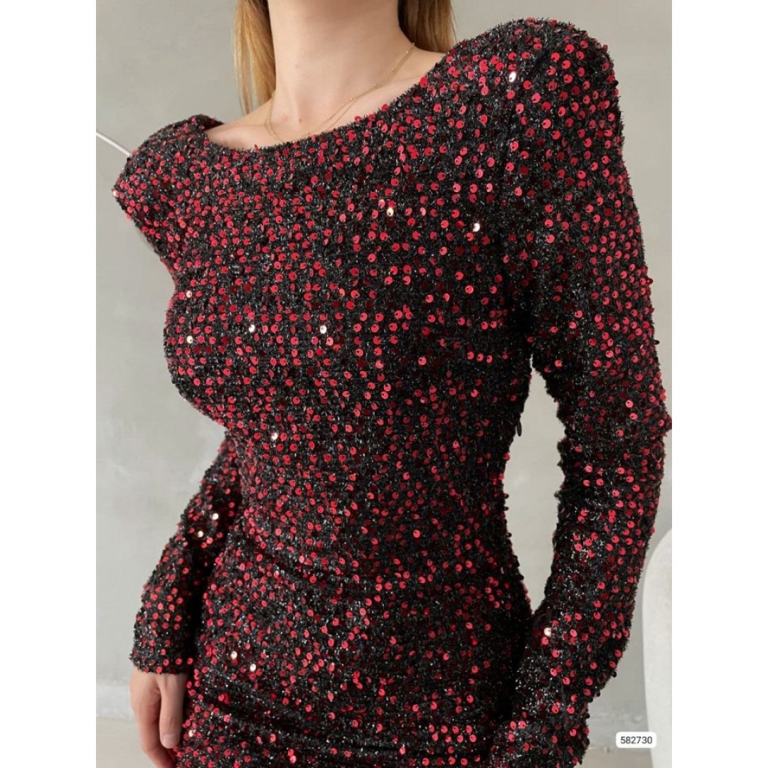 Kadın Uzun Kollu Vatka Detay Full Pul Payet Mini Elbise - 136307 Kadın Uzun Kollu Vatka Detay Full Pul Payet Mini Elbise - 136307