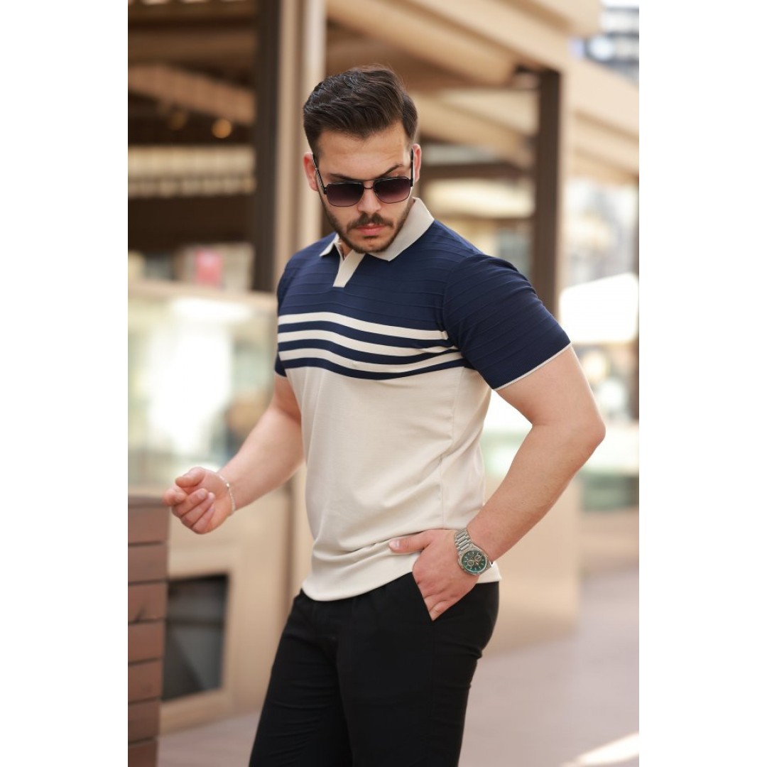 Erkek çizgi Desenli Yakalı Kısa Kollu T-shirt 162313