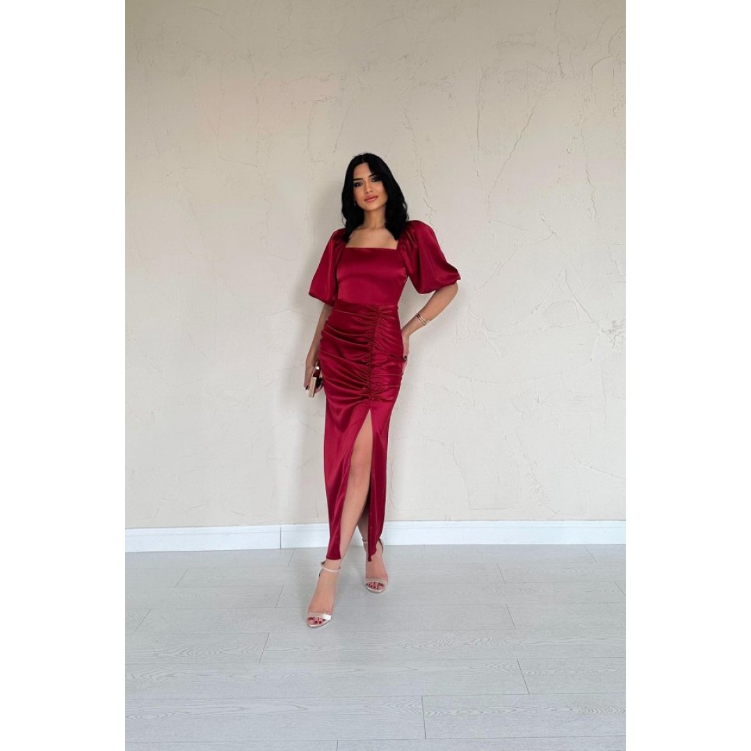 Bordo Büzgülü Saten Elbise 154601 Bordo Büzgülü Saten Elbise 154601