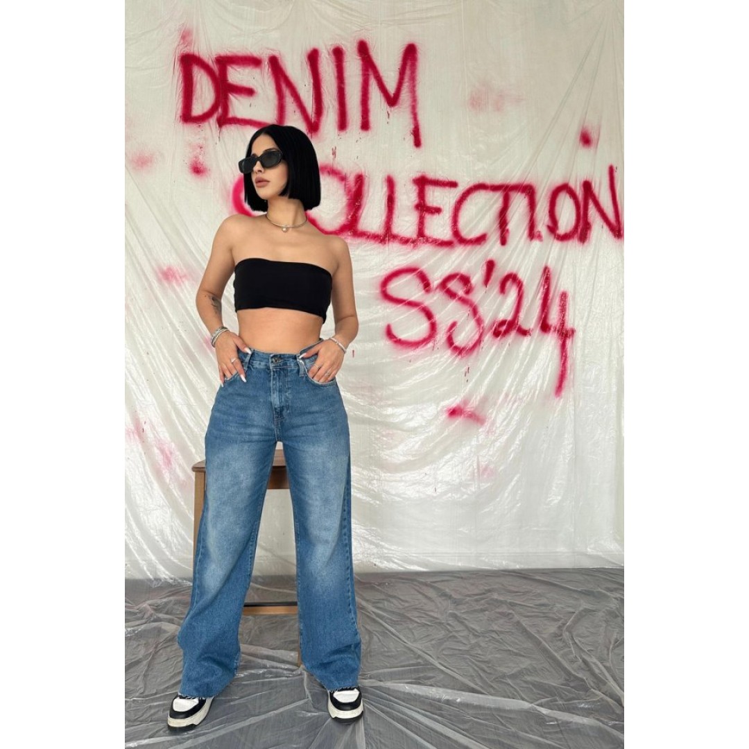 Mavi Yüksek Bel Ve Geniş Paça Jeans Pantolon 148304 Mavi Yüksek Bel Ve Geniş Paça Jeans Pantolon 148304