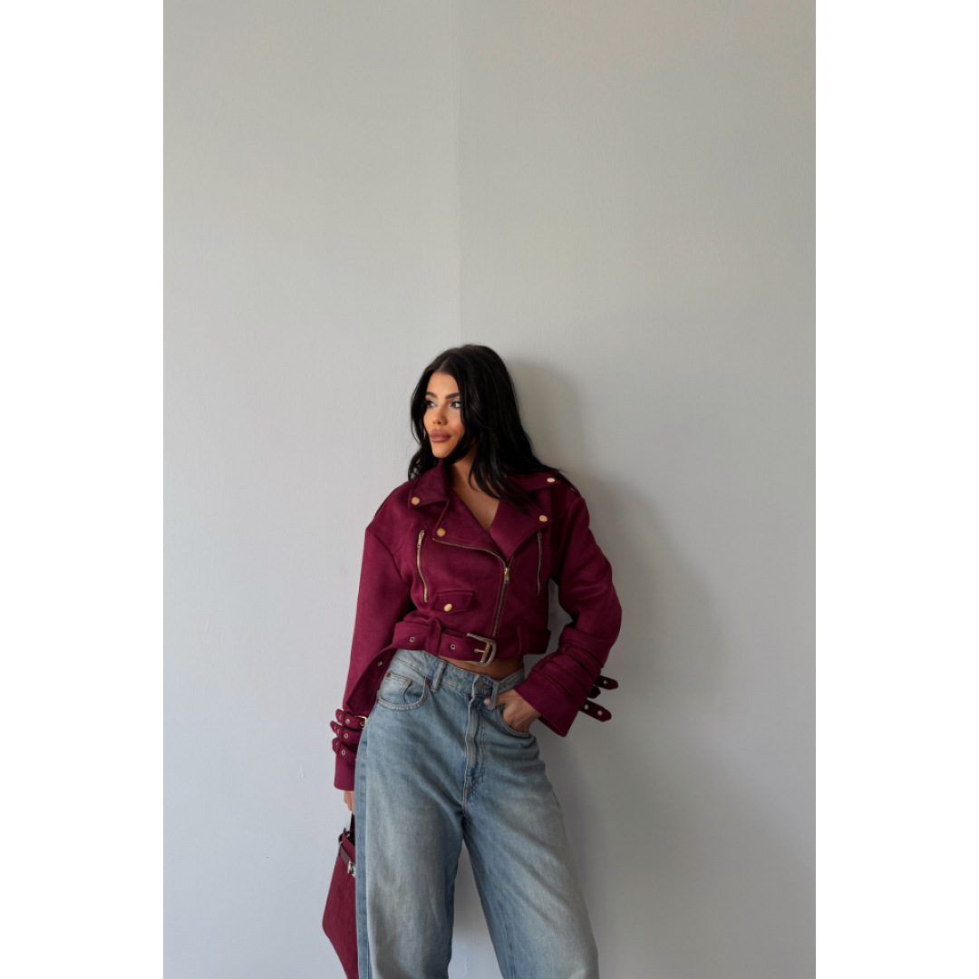 SÜET CROP CEKET KOL 3 KEMER DETAYLI - Bordo 153444 SÜET CROP CEKET KOL 3 KEMER DETAYLI - Bordo 153444