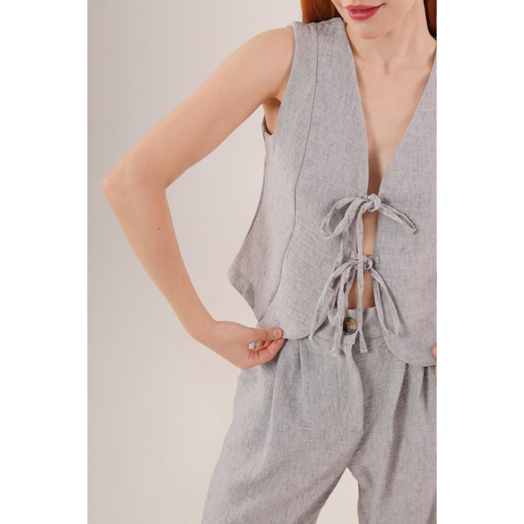 Ön Bağlama Detaylı Yelek Ve Pantolon Gri İkili Takım - 149854 Ön Bağlama Detaylı Yelek Ve Pantolon Gri İkili Takım - 149854