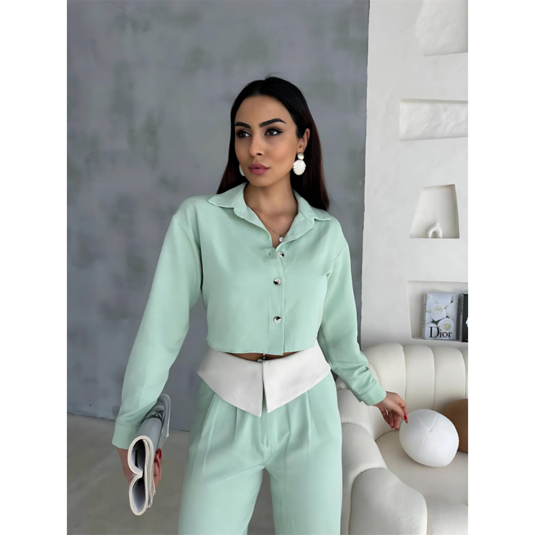KETEN GÖMLEK-CROP-SALAŞ PANTOLON TAKIM - Mint 150424 KETEN GÖMLEK-CROP-SALAŞ PANTOLON TAKIM - Mint 150424