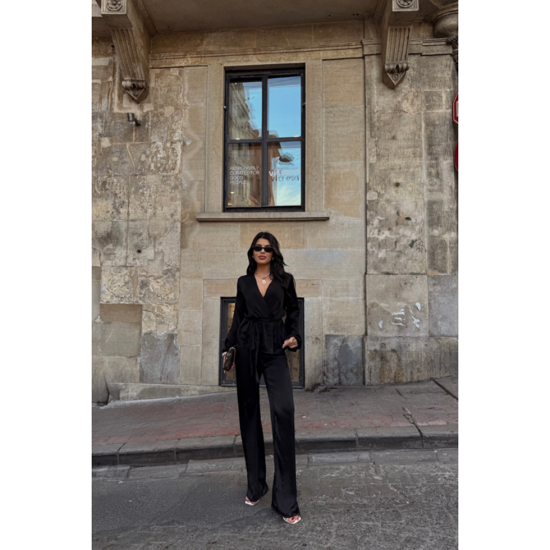 SATEN KRUVAZE BAĞLAMALI BLUZ- PANTOLON TAKIM - Siyah