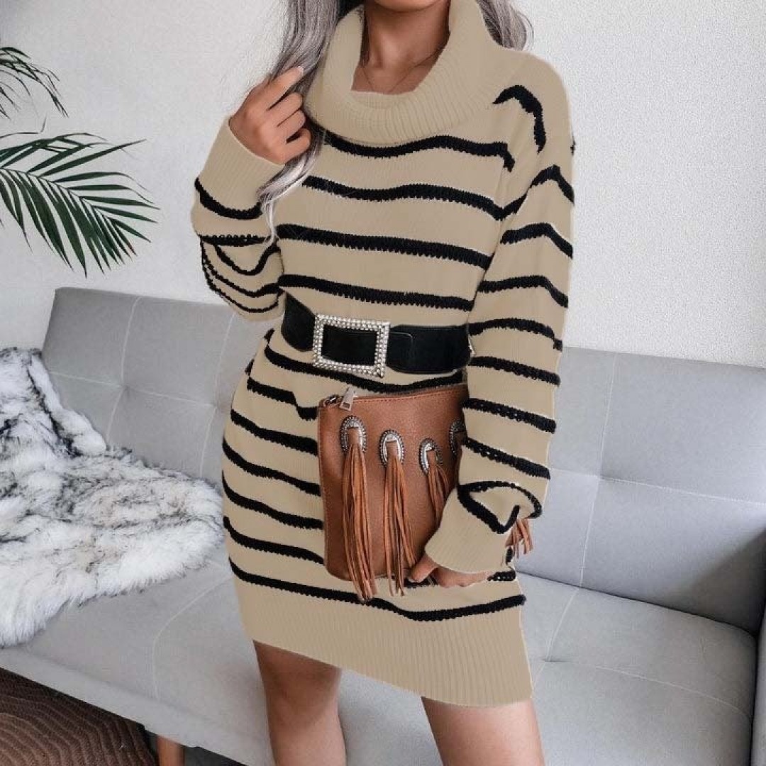 Kadın Uzun Kollu Degaje Yaka çizgili Sonya Iplik Mini Boy Triko Elbise (kemersiz) - 133824 Kadın Uzun Kollu Degaje Yaka çizgili Sonya Iplik Mini Boy Triko Elbise (kemersiz) - 133824