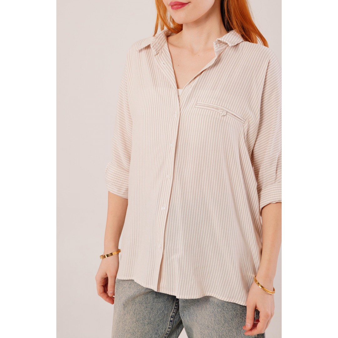 Cep Detay Çizgili Oversize Krem Gömlek - 147353