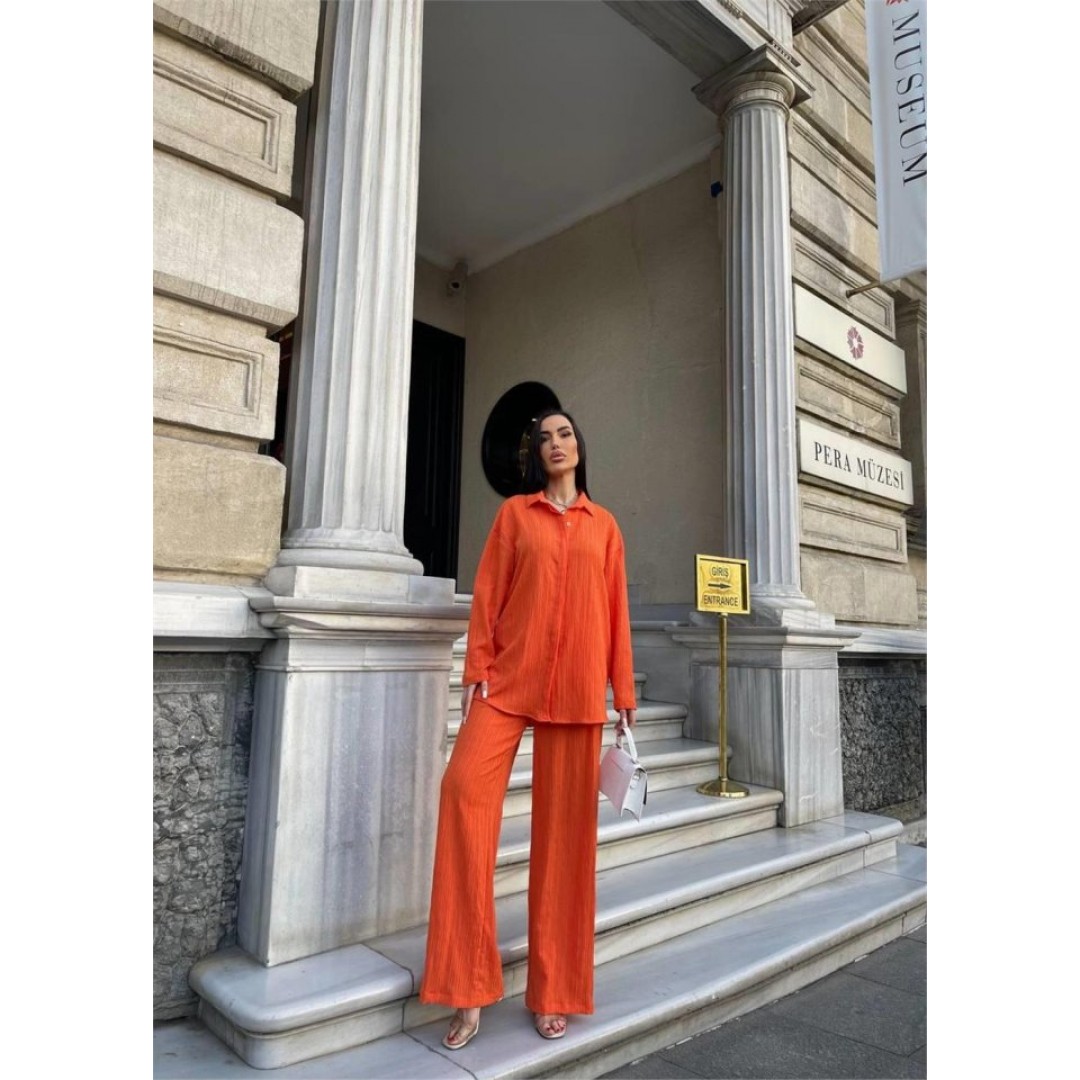 KENDİNDEN DESENLİ KRINKILL GÖMLEK - PANTOLON TK - Orange 150761 KENDİNDEN DESENLİ KRINKILL GÖMLEK - PANTOLON TK - Orange 150761