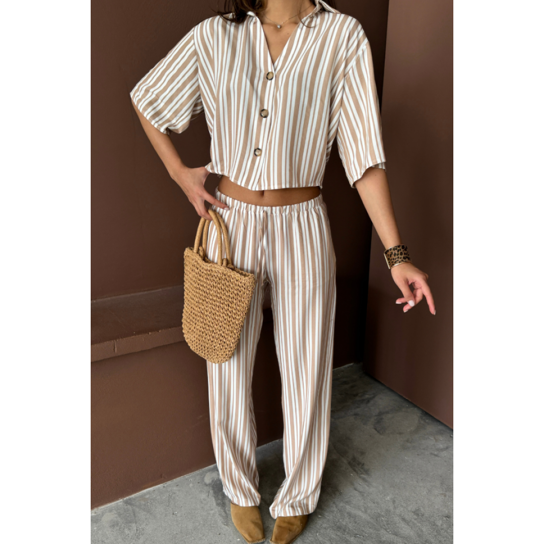 ÇİZGİLİ CROP GÖMLEK - SALAŞ PANTOLON TAKIM MODAL - Bej 159503