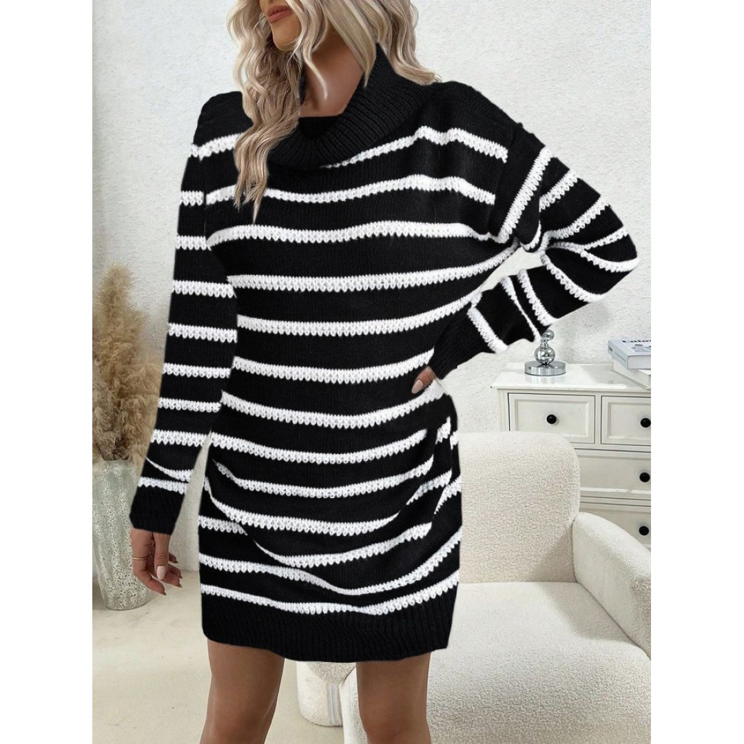 Kadın Uzun Kollu Degaje Yaka çizgili Sonya Iplik Mini Boy Triko Elbise (kemersiz) - 133825 Kadın Uzun Kollu Degaje Yaka çizgili Sonya Iplik Mini Boy Triko Elbise (kemersiz) - 133825