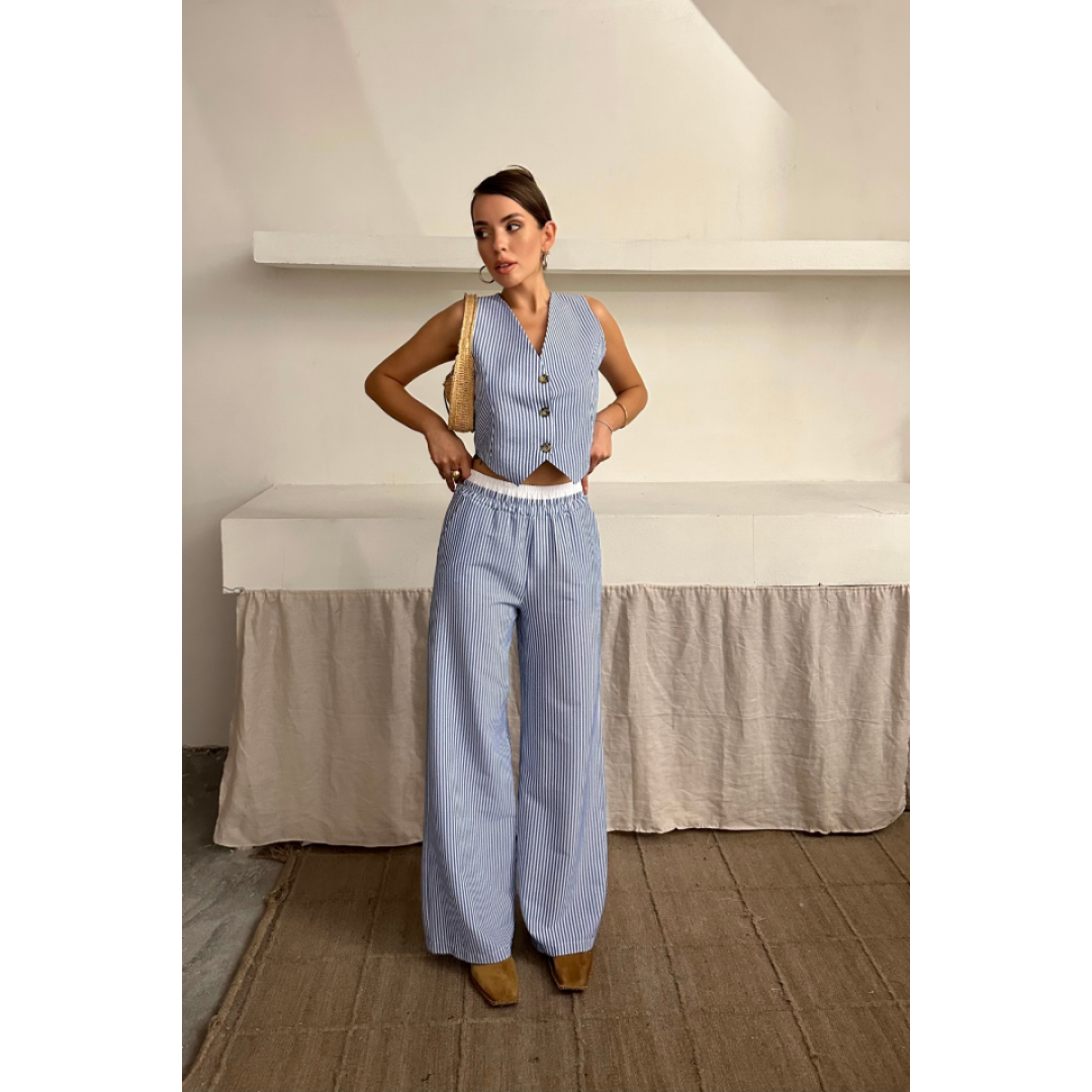GOFRE ÇİZGİLİ YELEK - PANTOLON TAKIM - Mavi