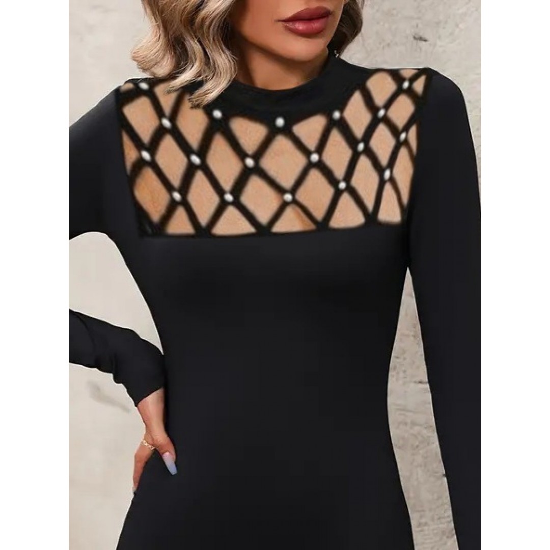 Kadın Uzun Kollu Bisiklet Yaka Lazer Kesim Inci Detay Viskon Iki Iplik Mini Boy Elbise - 136531 Kadın Uzun Kollu Bisiklet Yaka Lazer Kesim Inci Detay Viskon Iki Iplik Mini Boy Elbise - 136531