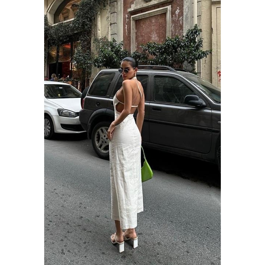 Trisha Sırt Dekolteli Keten Elbise 2496-20 ELBİSE 155833