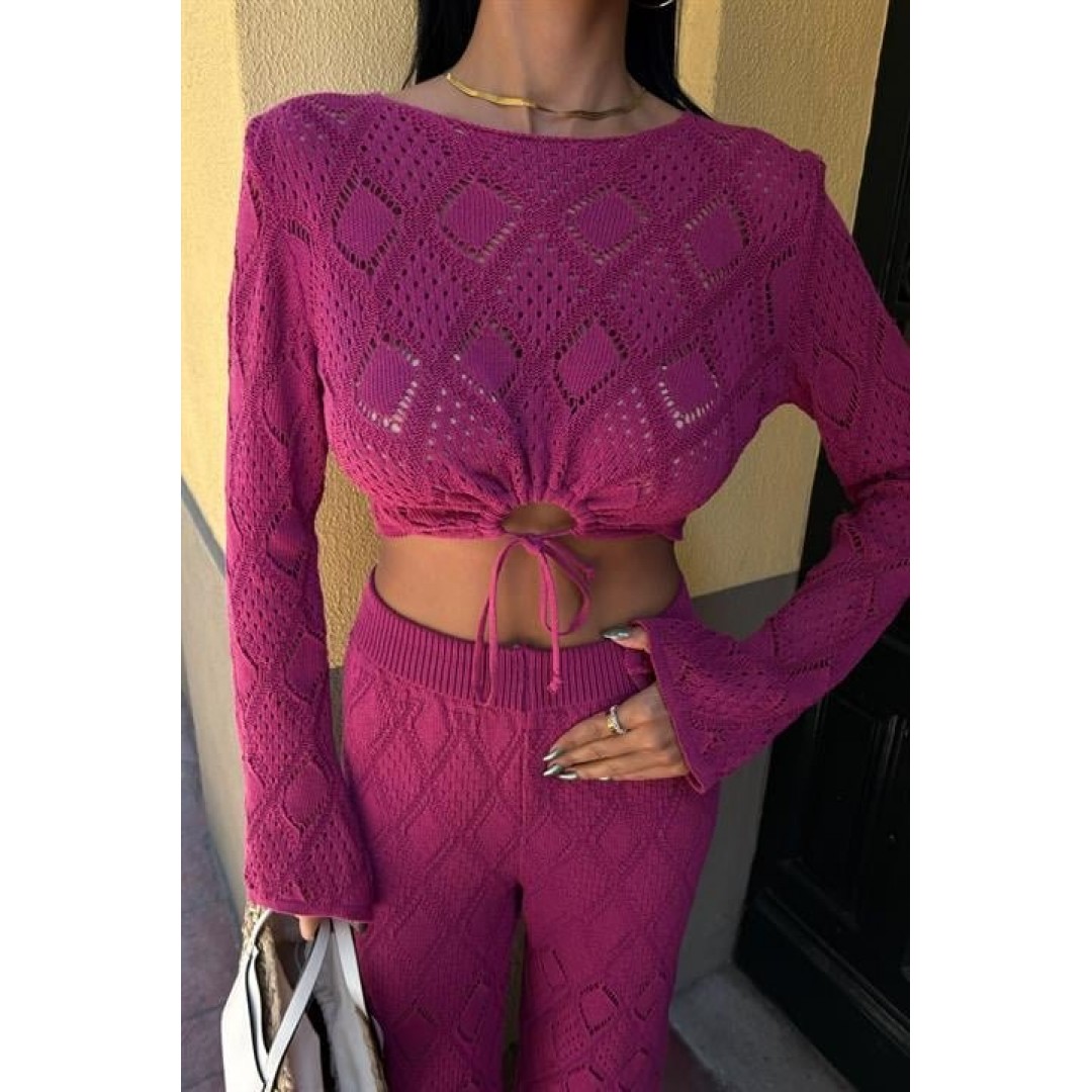 Göğüs Bağcık Detaylı Ajurlu Bluz Pantolon Takım 10098 161285 Göğüs Bağcık Detaylı Ajurlu Bluz Pantolon Takım 10098 161285