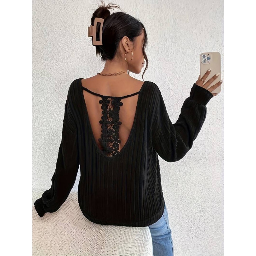 Kadın Uzun Kollu V Yakalı Pencere Sırt Dantel Detaylı Kalın Fitilli Kaşkorse Bluz - 131375 Kadın Uzun Kollu V Yakalı Pencere Sırt Dantel Detaylı Kalın Fitilli Kaşkorse Bluz - 131375