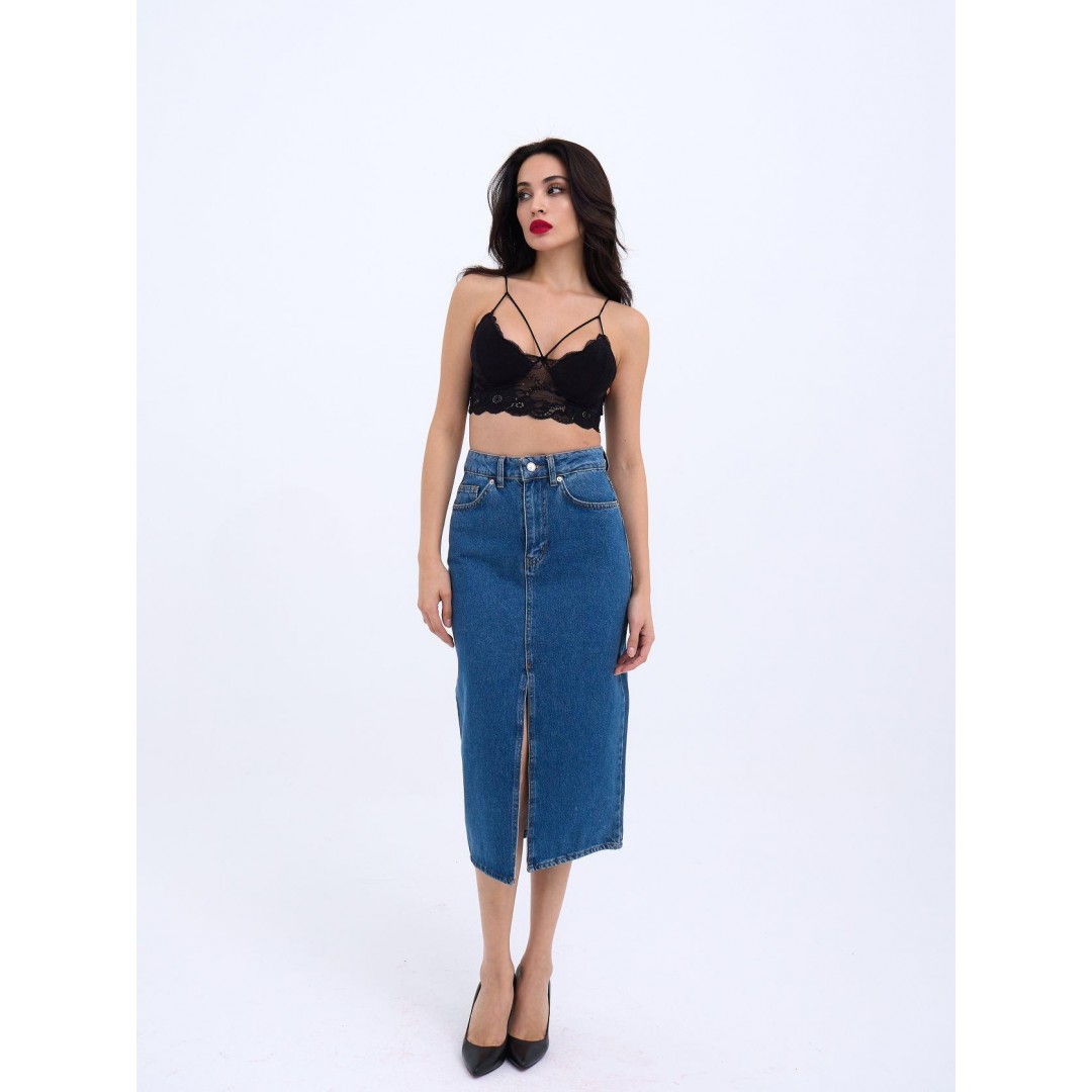 6471 DENİM MIDI SLIT SKIRT-KOYU MAVİ - 143158 6471 DENİM MIDI SLIT SKIRT-KOYU MAVİ - 143158