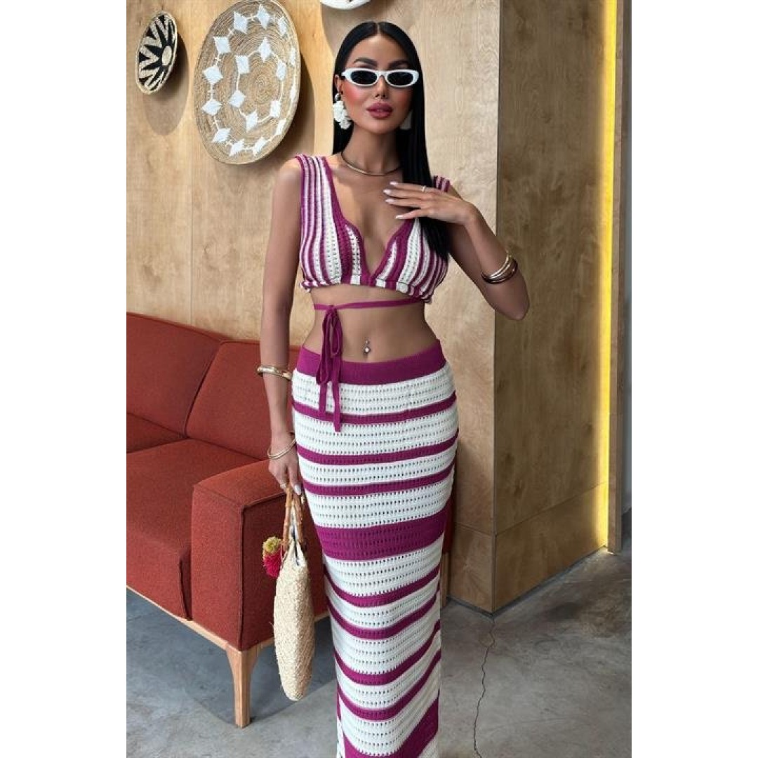 Çizgili Bikini Üst Ve Etek Triko Takım 10110 159258 Çizgili Bikini Üst Ve Etek Triko Takım 10110 159258