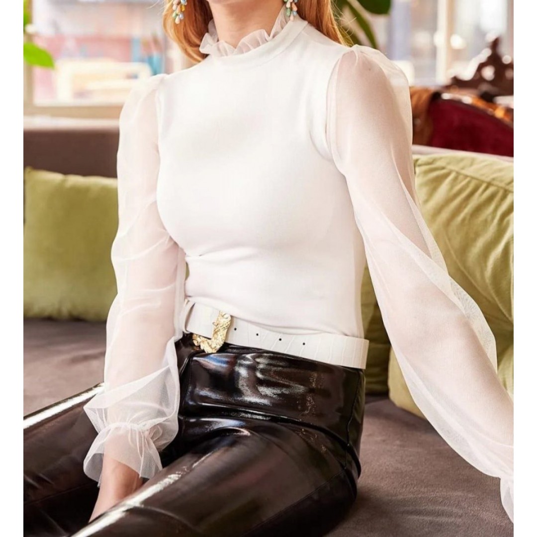 Kadın örme Krep Kumaş Kolları Dantelli Bluz - 138667 Kadın örme Krep Kumaş Kolları Dantelli Bluz - 138667