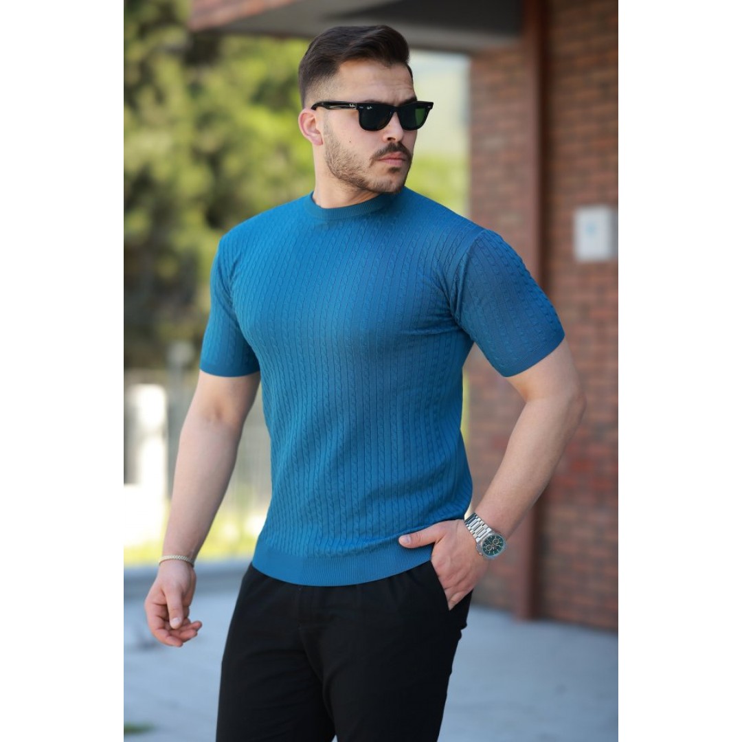 Erkek Bisiklet Yaka örgü Desenli Kısa örme Triko Kısa Kollu T-shirt - 161505 Erkek Bisiklet Yaka örgü Desenli Kısa örme Triko Kısa Kollu T-shirt - 161505