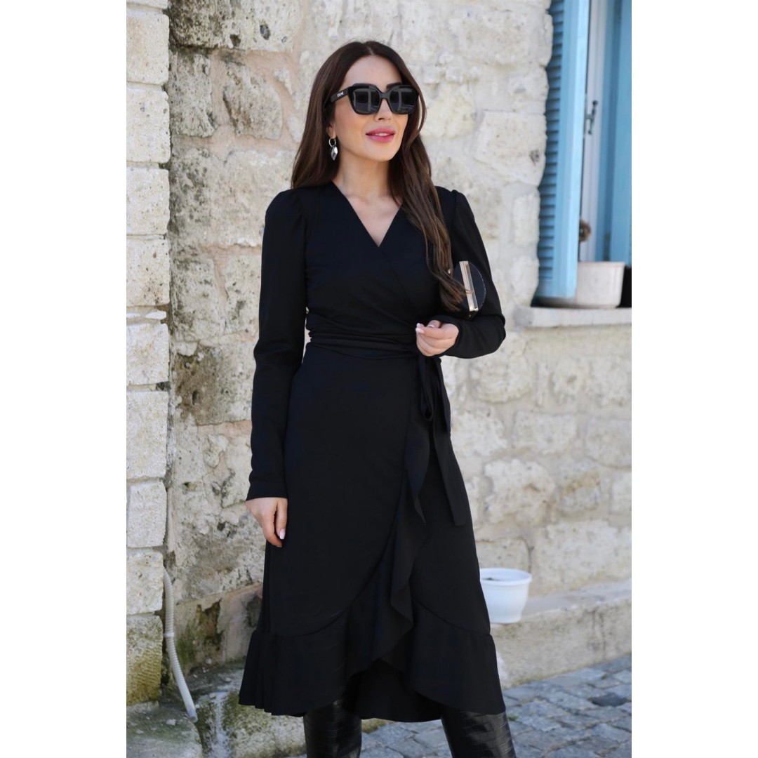 Krep Kumaş Midi Boy Kuşaklı Uzunkol Elbise 113 Cm - 42673 Krep Kumaş Midi Boy Kuşaklı Uzunkol Elbise 113 Cm - 42673