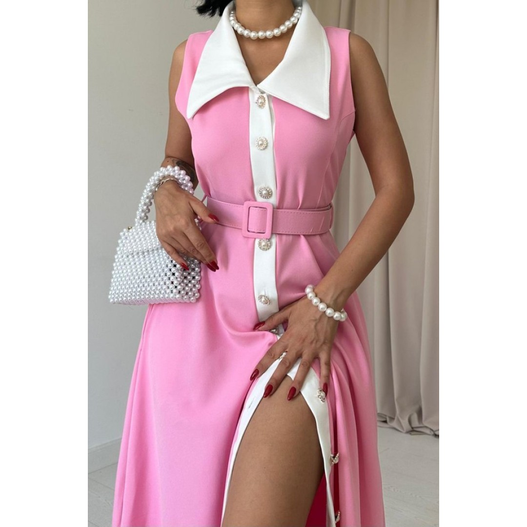 Pembe Geniş Yakalı Halter Kollu Elbise - 153472 Pembe Geniş Yakalı Halter Kollu Elbise - 153472