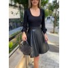 Kadın Uzun Kollu üst Viskon Alt Kloş Deri Elbise - 133373
