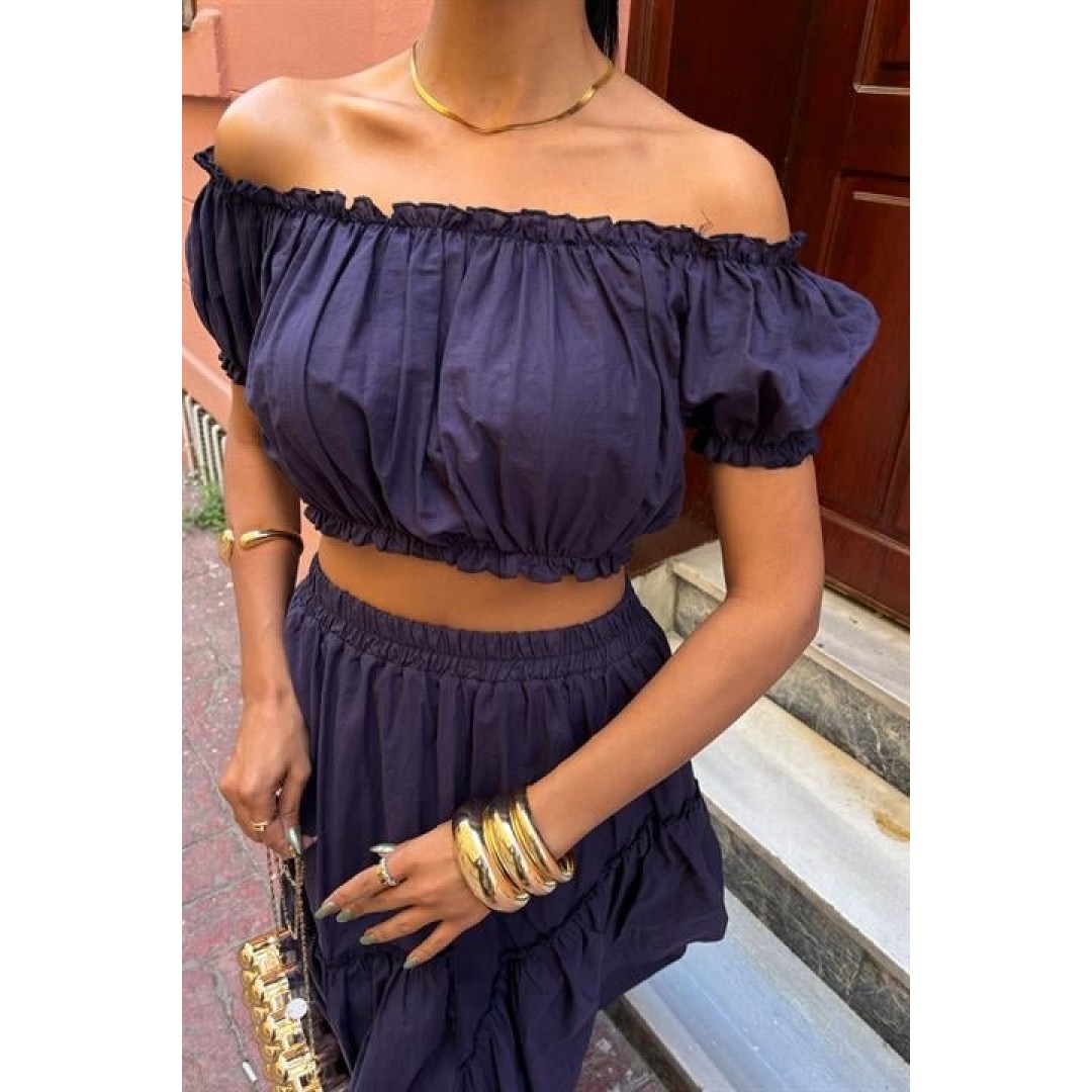 Büzgülü Crop Kat Detaylı Fırfır Etekli Takım 10196 161522 Büzgülü Crop Kat Detaylı Fırfır Etekli Takım 10196 161522