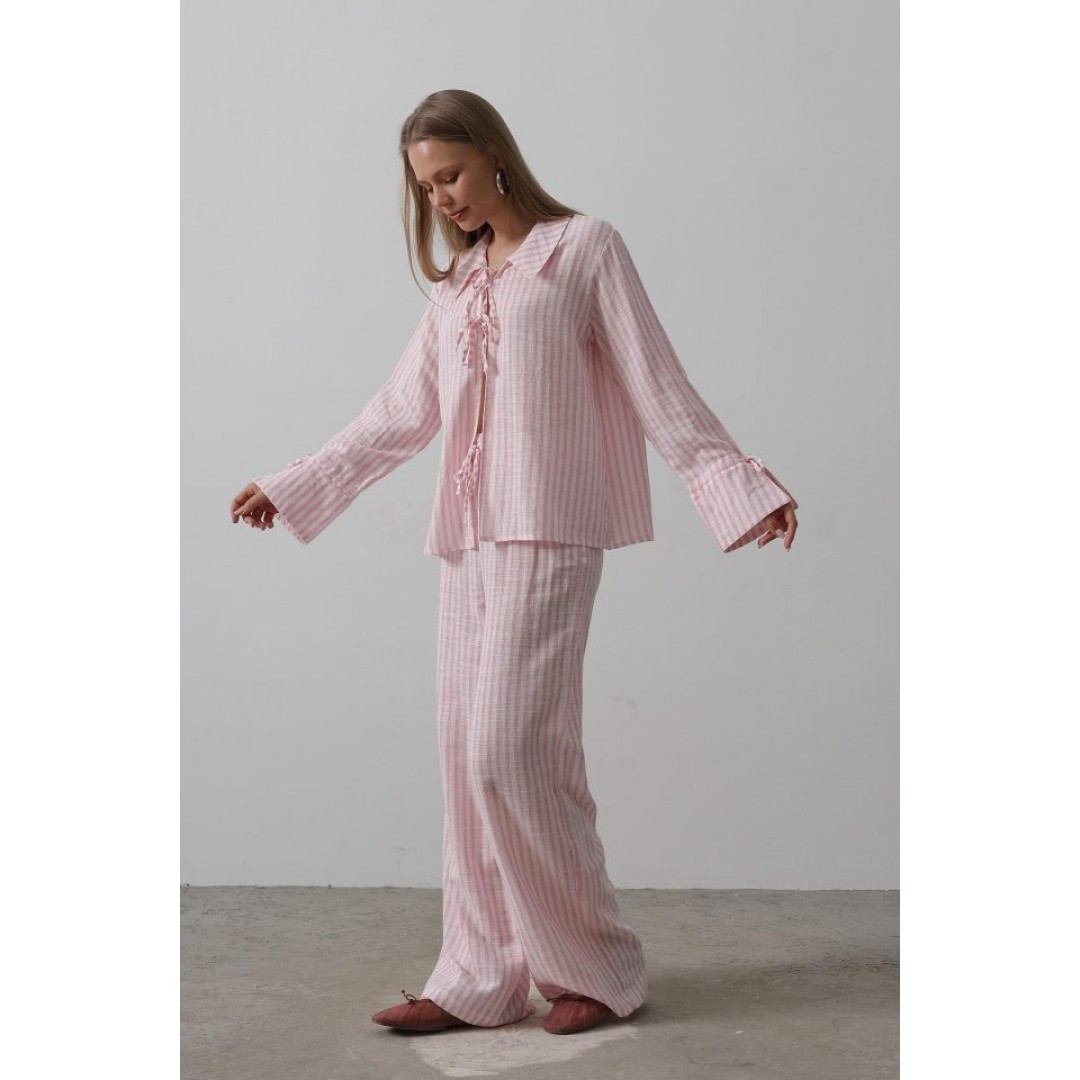 Çzgili Bağlamalı Pantolon Takım - Pembe 159739 Çzgili Bağlamalı Pantolon Takım - Pembe 159739