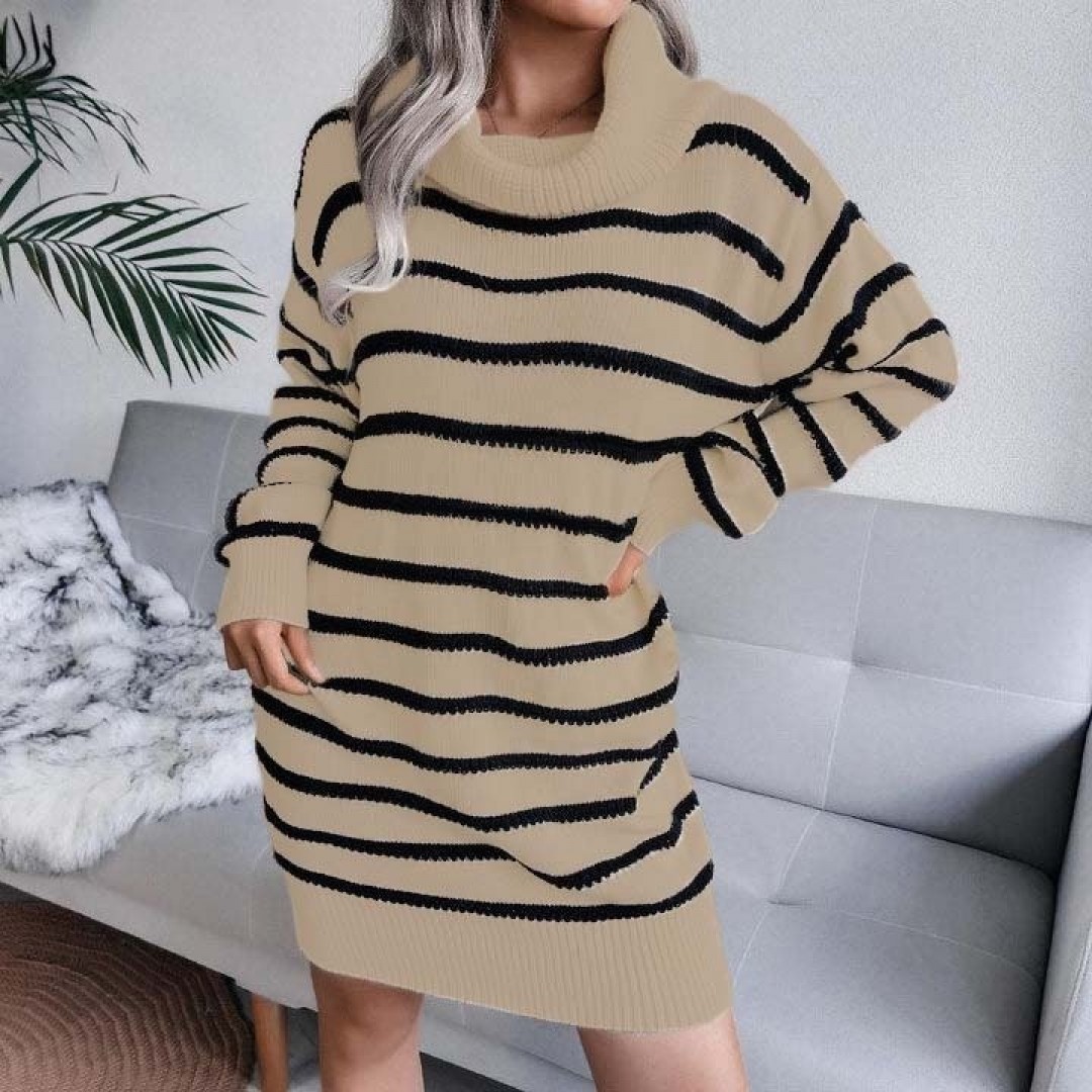 Kadın Uzun Kollu Degaje Yaka çizgili Sonya Iplik Mini Boy Triko Elbise (kemersiz) - 133824 Kadın Uzun Kollu Degaje Yaka çizgili Sonya Iplik Mini Boy Triko Elbise (kemersiz) - 133824