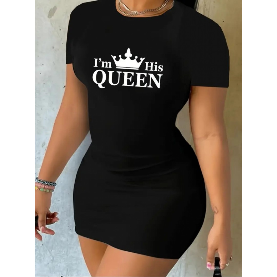 Kadın Kısa Kollu Queen Baskı Iki Iplik Mini Elbise - 162058