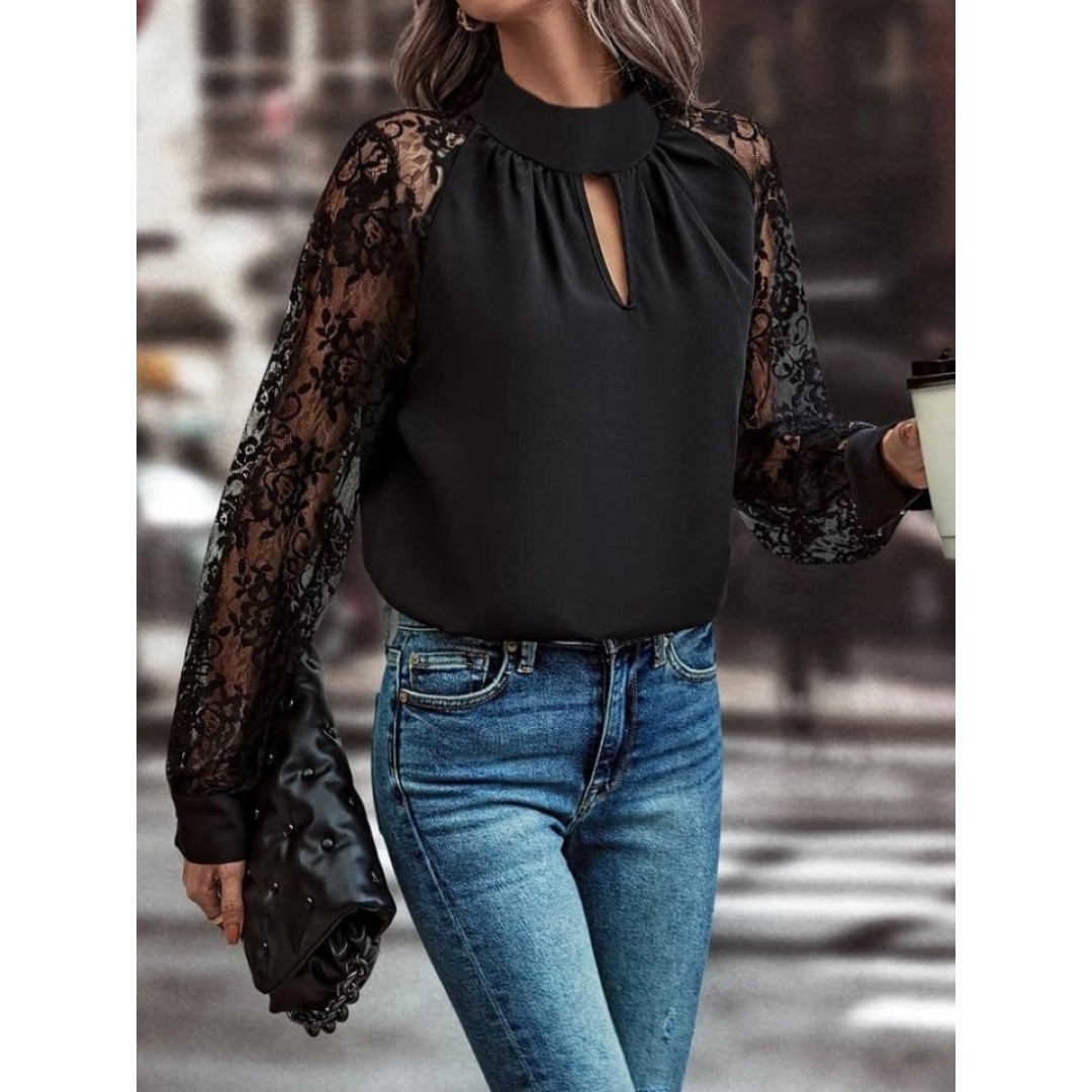 Kadın Uzun Kollu Göğüs Pencere Detay Yaka Boğazlı Kolları Tüllü Sandy Bluz - 84935 Kadın Uzun Kollu Göğüs Pencere Detay Yaka Boğazlı Kolları Tüllü Sandy Bluz - 84935