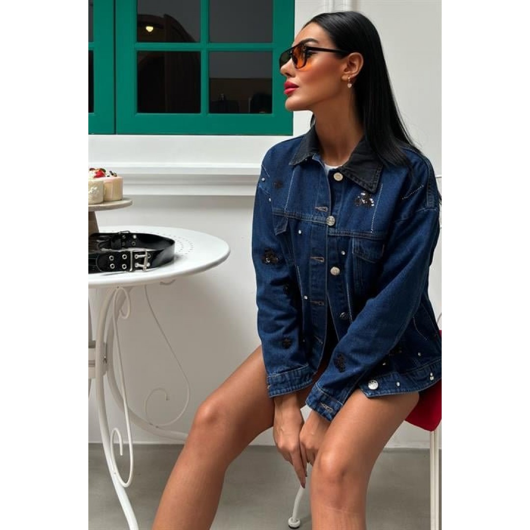 Yaka Siyah Garni Pul Payet Taşlı Oversize Denim Ceket 6125 158770 Yaka Siyah Garni Pul Payet Taşlı Oversize Denim Ceket 6125 158770