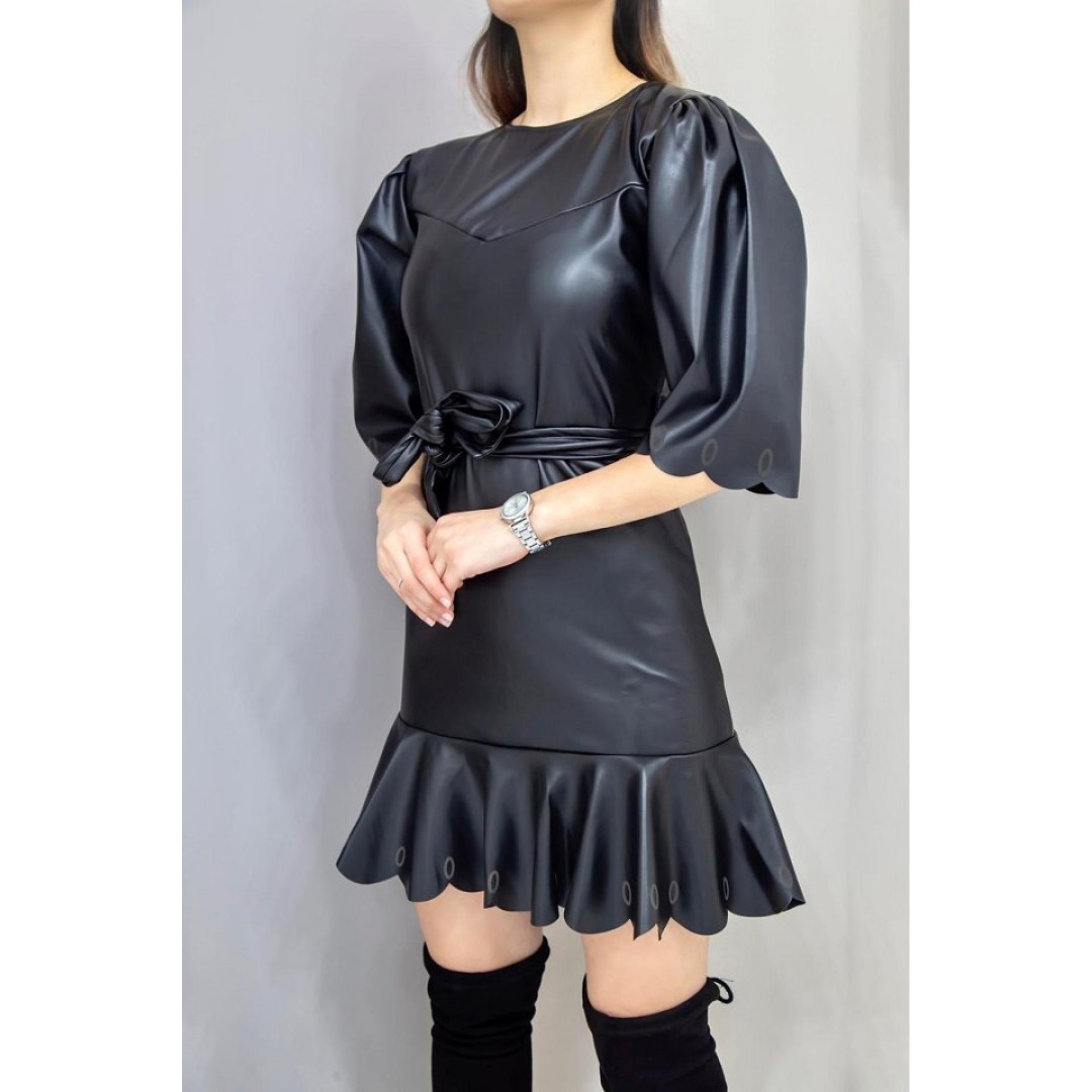 Siyah Deri Mini Elbise - 151217 Siyah Deri Mini Elbise - 151217